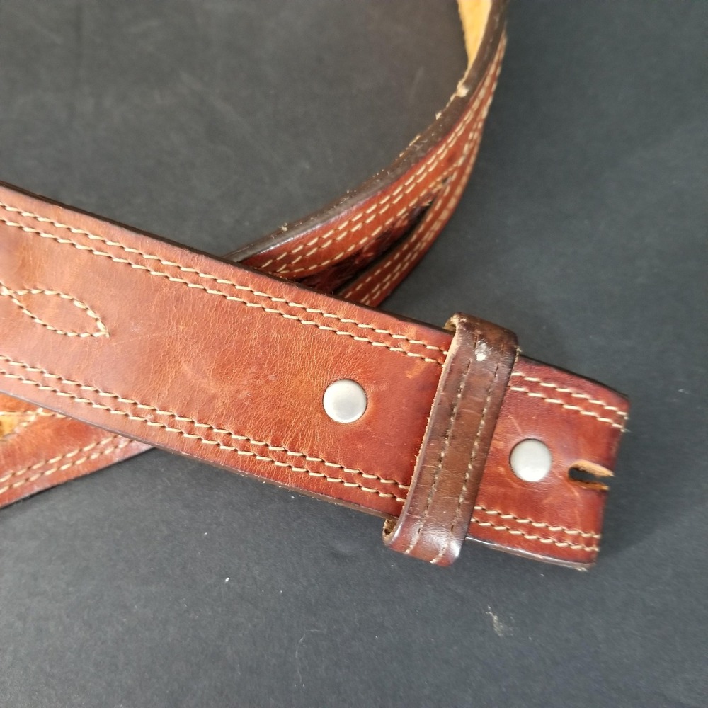Vintage Brown Leather Basketweave Inlay Western Belt Snap Closure 46.5 Inch - Picture 5 of 8